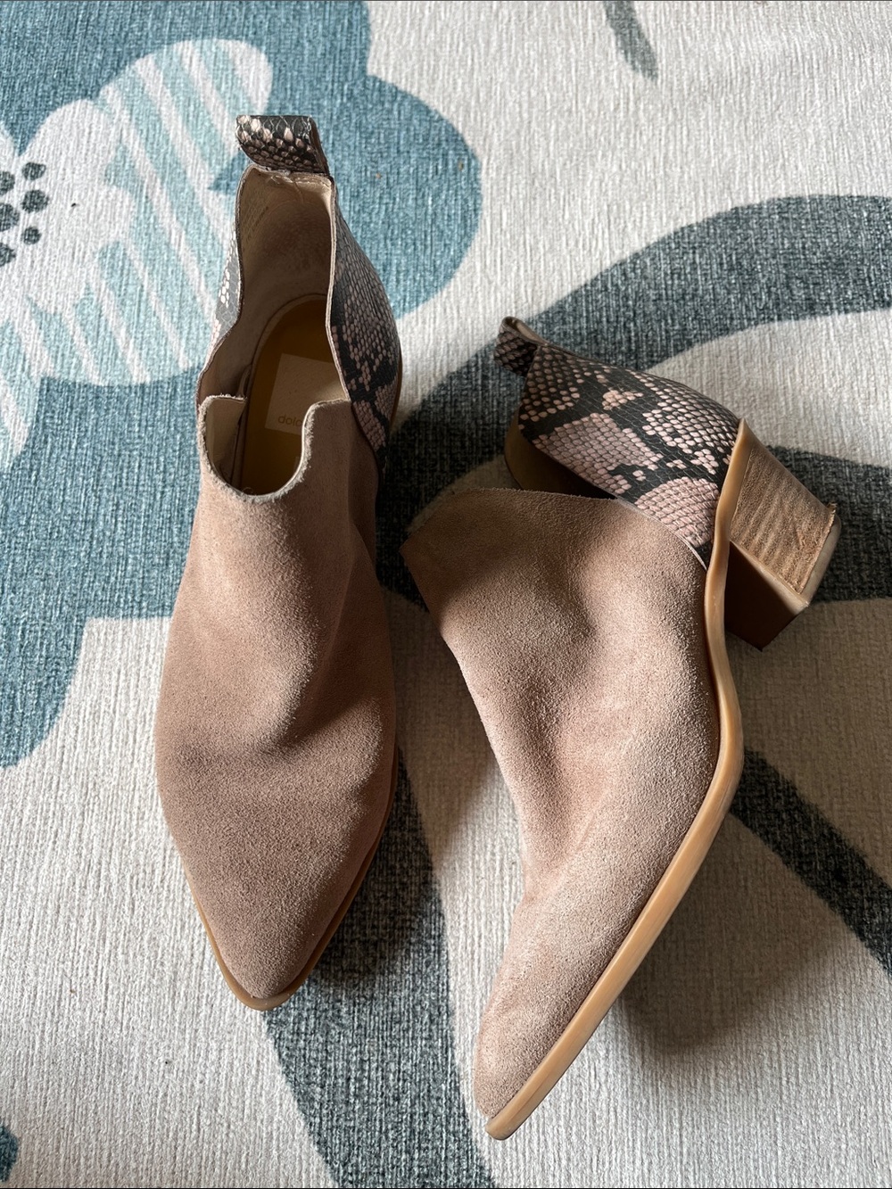 Dolce Vita Taupe Suede Ankle Booties with Snake-Print Heel